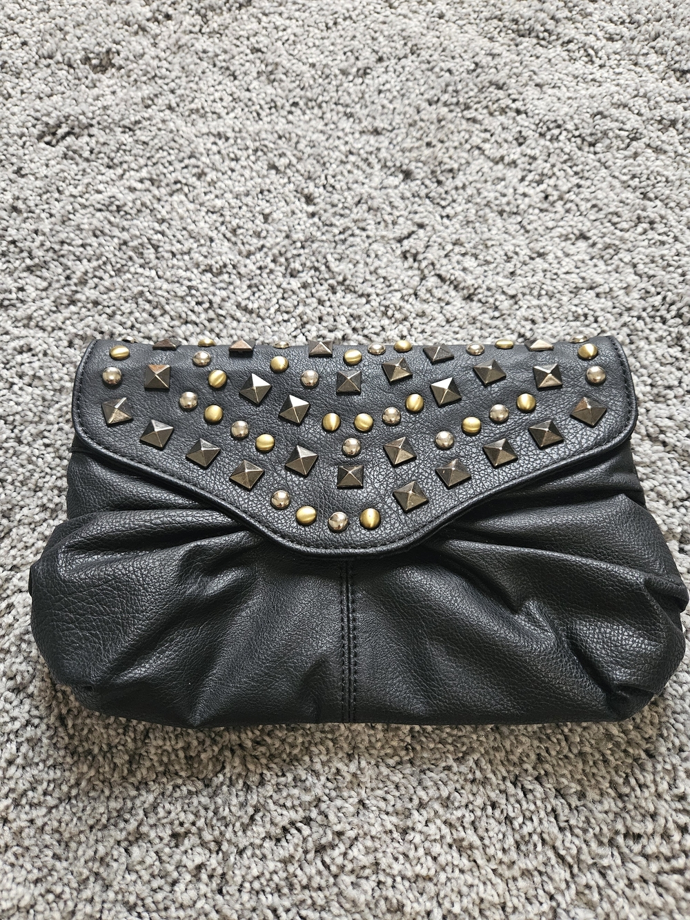 Express Black Studded Flap Clutch with Mixed Metal Accents